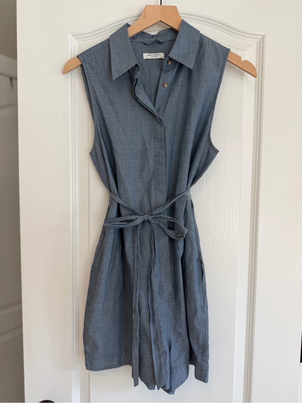 Equipment Sleeveless Chambray Romper with Waist Tie - Blue
